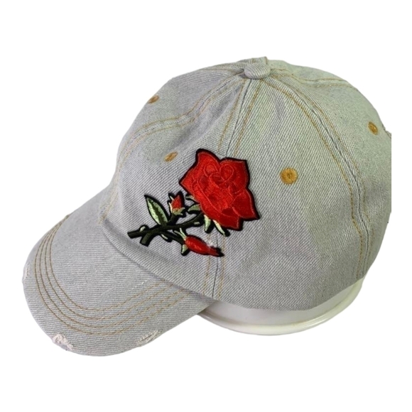 Distressed Denim Ball Cap Embroidered Rose Adjustable Hat - Picture 1 of 7